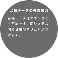 台帳データの外部出力台帳データはアウトプット可能です。同システム間で台帳のやりとりができます。